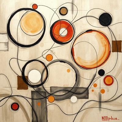 The primary subject of the image is a painting featuring a variety of circles and other shapes. The setting is a white background, and the visual style appears to be a combination of digital art and illustration. The painting is predominantly orange and black, creating a bold and vibrant atmosphere.